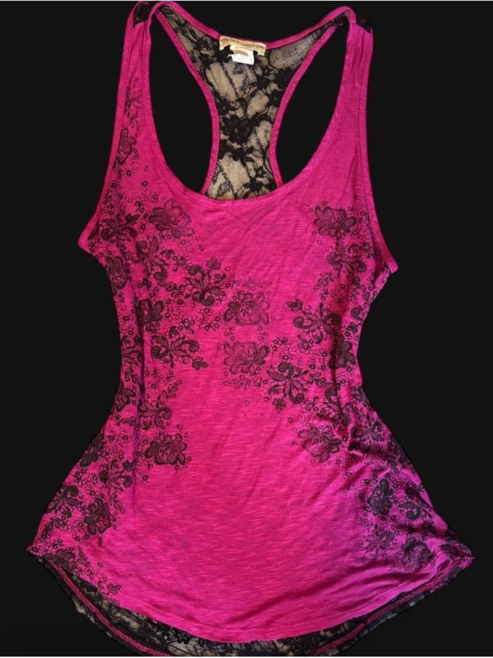 Deadstock Y2k Hot Pink & Black Floral Racerback Tank with Black Lace Back